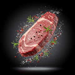 Prime Steak Levitating with Spices: A Culinary Dance in High Detail, 8K Resolution.