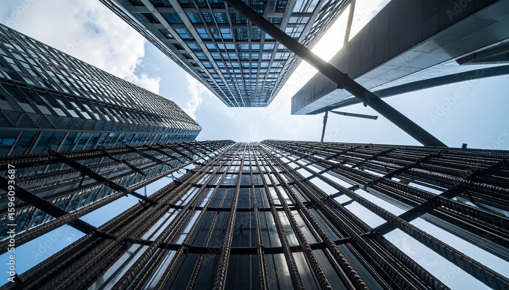 Poster _looking up view of the skyscraper with steel rebar .