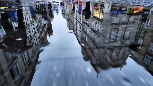 RainReflected Buildings  People with City Street, and Urban Scene.