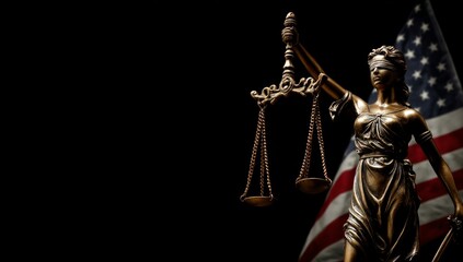 Bronze Lady Justice Statue with Blindfold Scales and American Flag in Background