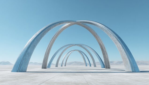 Futuristic Metallic Arches Structure on Flat White Surface Under Clear Blue Sky - Powered by Adobe