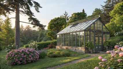 Serene Glasshouse in a Lush Garden