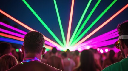 Vibrant Festival Atmosphere with People Enjoying Dance Under Colorful Laser Lights