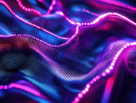 Abstract Neon Waves: Vibrant Pink and Blue Digital Particle Flow, Dynamic 3D Rendering with Glowing Lights, Seamless