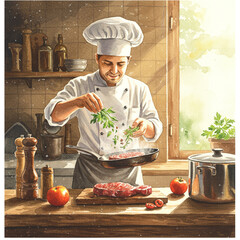 Watercolor Chef Tosses Herbs in Rustic Kitchen, Searing Steak in Pan. 8k.