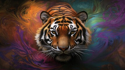 Naklejka premium Vibrant tiger portrait with colorful smoke design for powerful and artistic impact