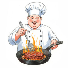 Watercolor Chef Basting Steak: Sizzling Heat and Delicious Aroma on White.