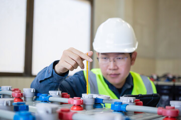 Engineer performing inspection on stationary battery in substation with safety helmet and vest...