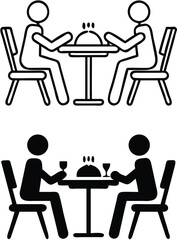 Dinner Icons. Black and White Vector Icons. Two People Eating Hot Dish and Drinking Wine. People Sitting at Table in Diner. Restaurant Concept
