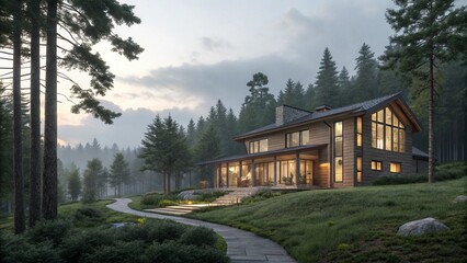 Modern Forest Home at Dusk