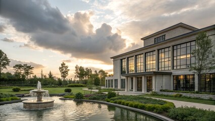 Tranquil Architectural Landscape at Sunset