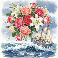 Floral Tempest: Watercolor Bouquet Adrift at Sea in Miniature Sailing Dinghy.