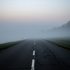 Cracked Asphalt Road Disappearing into Fog at Twilight: An Uncertain Future.