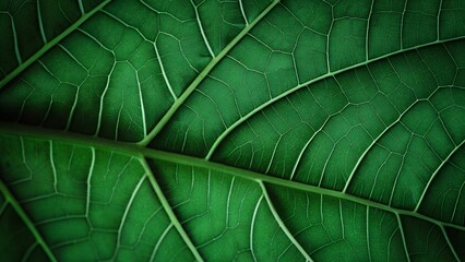 Detailed close-up shot of a green leaf shows intricate patterns and textures, great for background, nature, and botanical themes with a fresh and vibrant aesthetic