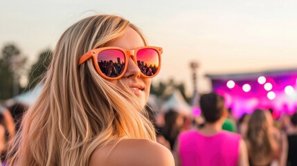 Cheerful Students Enjoying a Music Concert on Campus with Vibrant Sunset and Colorful Sunglasses