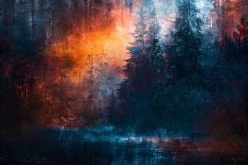 Dramatic forest scene with vivid orange and blue tones, showcasing a dark and moody atmosphere with trees reflected in a still body of water beneath the woods