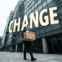 Transition: Employee Leaving Office with Belongings, Typography Art 'CHANGE'.
