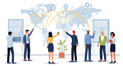 People presenting global network connections on world map with presentation boards and potted plant