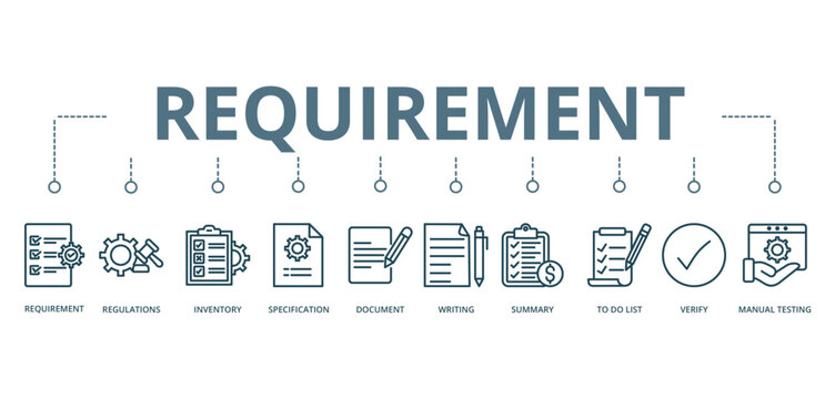 Requirement concept banner with icon of requirement, regulations, inventory, specification, document, writing, summary, to do list, verify, and manual testing









