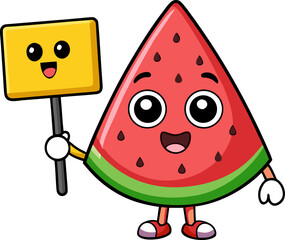 Obraz premium Cute cartoon watermelon character holding a sign icon