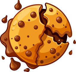 A close-up of a gooey chocolate chip cookie breaking in half with melting chocolate chips visible.