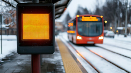 Digital Countdown Timer at Bus Stop Displaying Arrival Times in Winter Setting with Snow and Commuter Bus