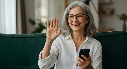 Happy senior woman waves hello on video call, smiling warmly at her smartphone screen, enjoying a pleasant conversation with loved ones.