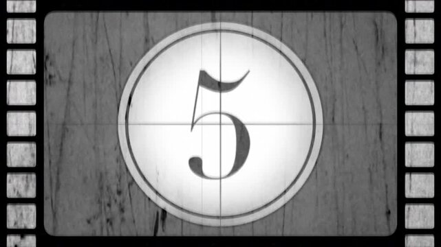 Old film countdown. Vintage defocused film look, flicker, grain and scratches effect. 4K animation 16 bit depth. For film