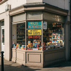 Quaint Corner Shop: Sunlight, Hand-Painted Sign & Increased Prices - 8K Detail.