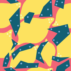 Seamless pattern of lemons with abstract geometric blue leaves on a pink background. Trendy and vibrant design perfect for textiles, wallpapers, packaging, and bold modern decor projects.