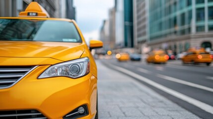 Well-Maintained Yellow Taxi Stand in Front of Major Transportation Hub in Urban Setting