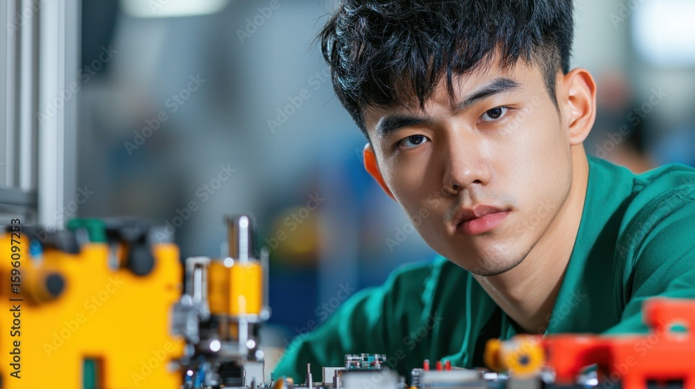Poster factory worker assembling products in a modern workspace