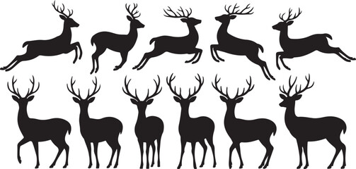 Deer silhouettes vector set illustration. deer silhouette icon bundle