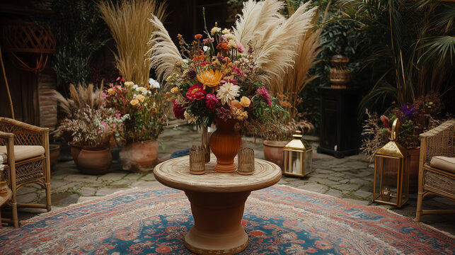 Boho wedding decor featuring mehndi, intricate henna designs, terracotta vases with floral arrangements, dried palms and pampas grass, warm earth tones with gold accents, natural linen textiles, manda