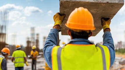 A Group of Construction Workers Collaborating on a Site to Lift Heavy Concrete Blocks Under a Clear Blue Sky