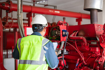 Engineer in safety vest performs inspection on red fire pump generator system in industrial setting...