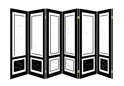 A black and white folding screen with six panels and gold hinges on a white background
