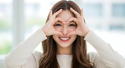 Beautiful young Asian woman making a heart shape with her hands, expressing love and happiness, perfect for Valentine's Day or romantic concepts.