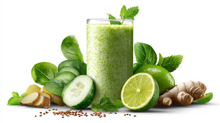 Green smoothie with fresh ingredients, isolated on white background