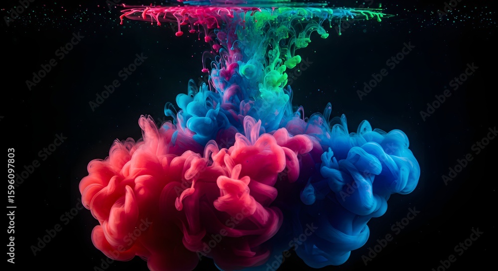 Poster colorful ink plumes burst and swirl in water against a dark background, creating an abstract and vib