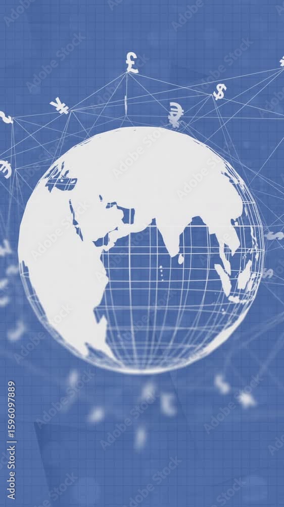 Poster animation of globe with currency icons and data processing over blue background
