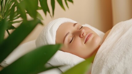 Calm and Peaceful Young Woman Sleeping in a Neat and Tidy Room Surrounded by Greenery and Soft Lighting