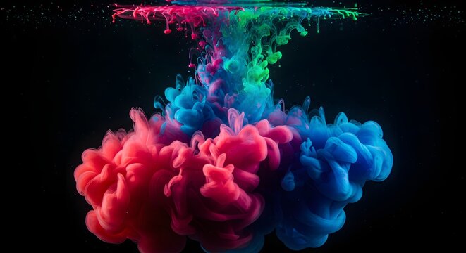 Colorful ink plumes burst and swirl in water against a dark background, creating an abstract and vibrant display of color and motion.
