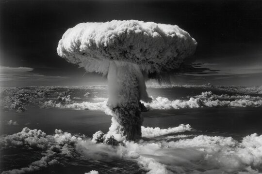 A high-resolution black and white photo of a mushroom cloud rising after an atomic bomb explosion, symbolizing the force and destruction of nuclear weapons for Hiroshima Day.