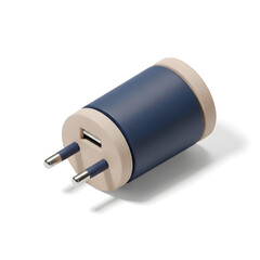 A close-up studio shot of a blue and beige electrical charger.