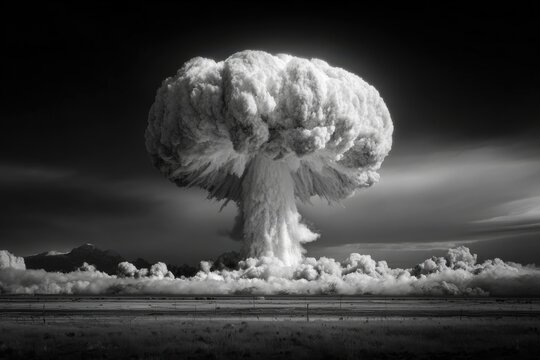 Black and white image of a massive mushroom cloud rising from an atomic bomb explosion, symbolizing the immense power and destruction of nuclear weapons for Hiroshima Day.