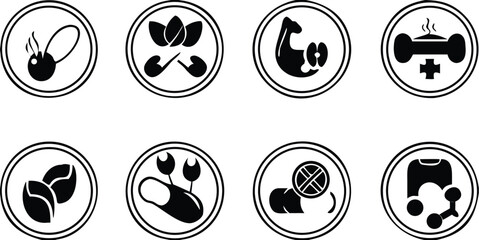 Black Labels for Medicine and Food Packaging. Vector Icons of Vitamin E, Fiber, Protein, Calcium, Caffeine, Minerals, Vitamin C, Omega 3 Fatty Acids
