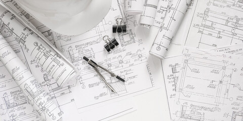 architect design working drawing sketch plans blueprints and making architectural construction...