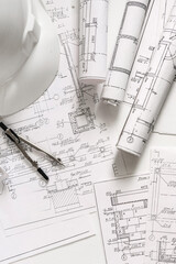 architect design working drawing sketch plans blueprints and making architectural construction...