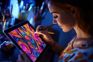 Young artist creates vibrant digital art using a tablet at night